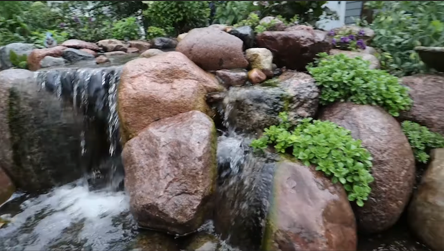 Close view of water cascading over rounded boulders with succulents in the crevices