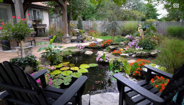 View over Adirondack chairs toward a planted koi pond with a stone waterfall