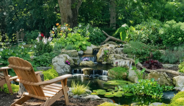 Woodland waterfall and lily pond with two Adirondack chairs facing the water